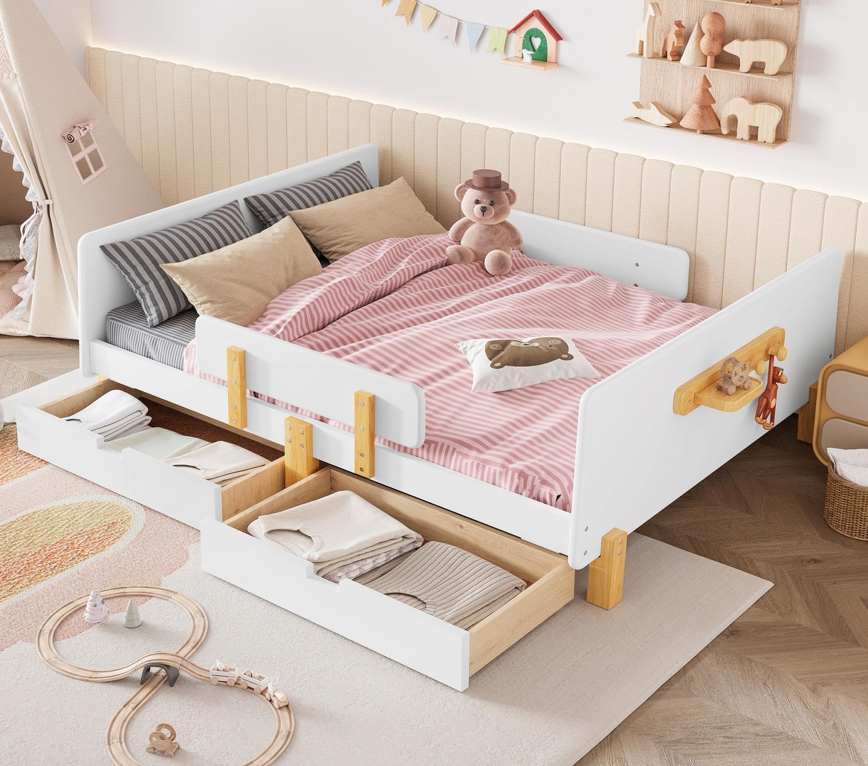 Photo 1 of ***STOCK PHOTO FOR REFERENCE ONLY*
KEIKI Solid Wood Full Size Bed Frames with Storage Drawers, Headboard, Footboard, Hooks, Guardrails, Pine Wood Full Bed Captain Daybed Platform for Small Room, Bedroom, Guest Room, Kids' Room