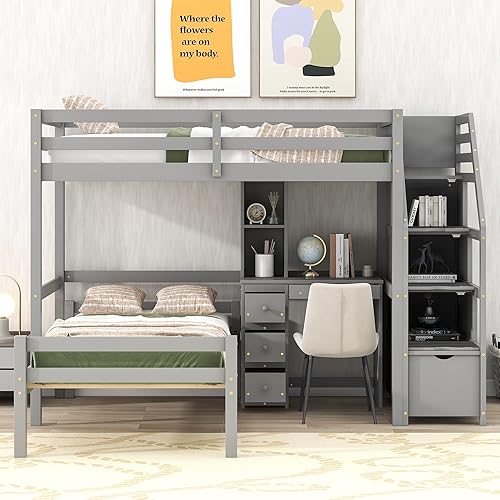 Miniatura 10 de SIYSNKSI Cama alta multifuncional de tamaño individual con una cama y cajones independientes marco de cama de madera con escritorio y estantes para