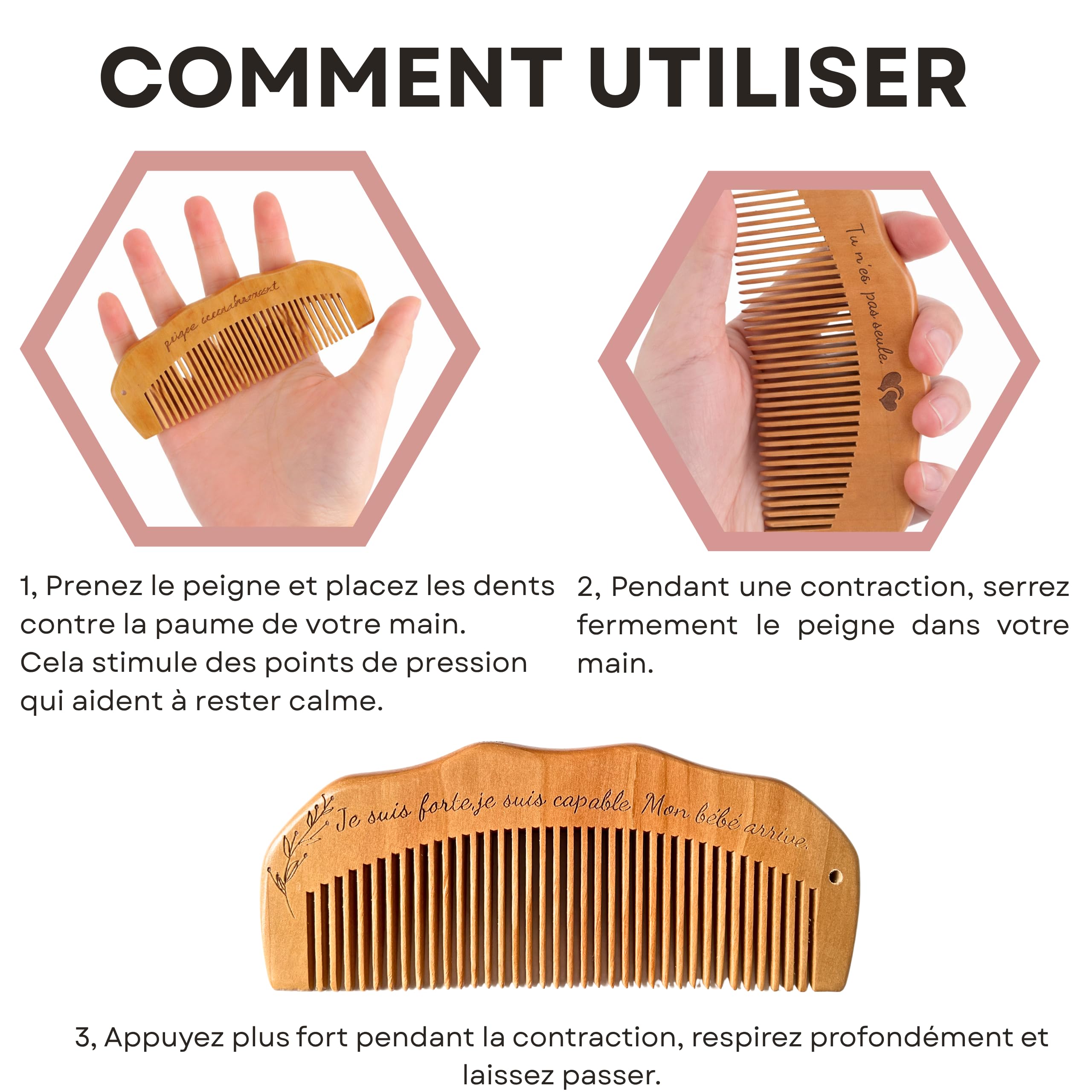 Cadeau grossesse femme enceinte – peigne accouchement en bois avec carte émotionnelle – idée cadeau maternité prénatal future maman