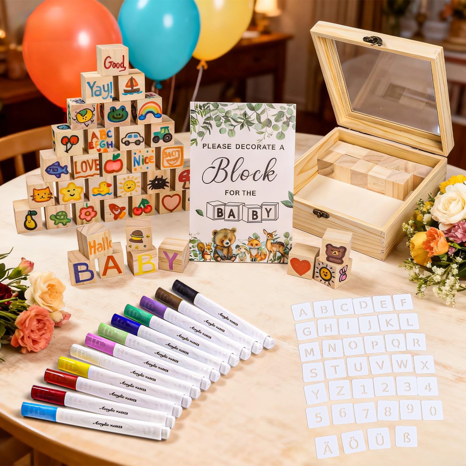 102 Stück Babyparty Spiele Set – Lustige Baby Shower & Gender Reveal Spiele für Gäste, mit 48 Holzwürfeln zum Bemalen, 40 Schablonen, 12 Acrylstiften, Holzschild & Holzbox –Geschenk für werdende Mama