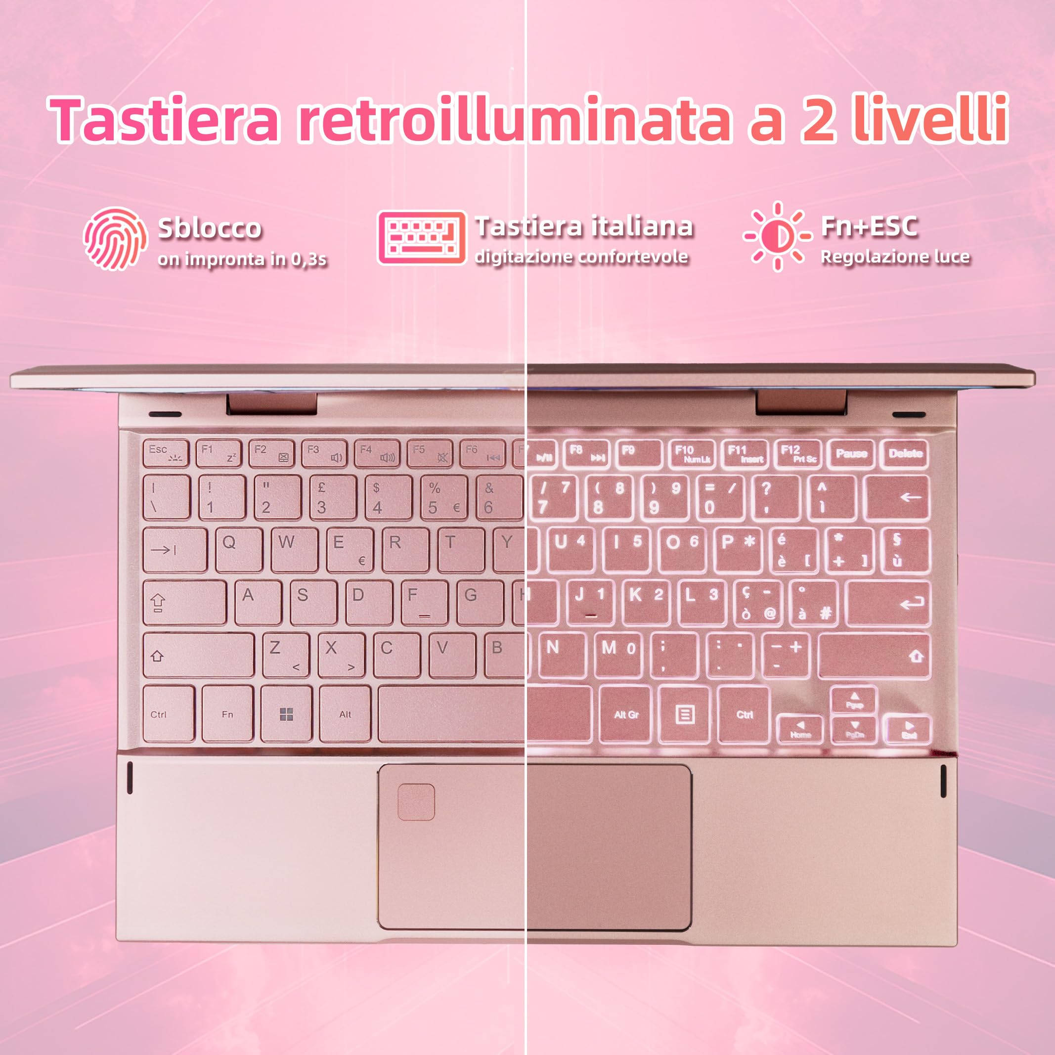 Mini Laptop 2 in 1 10.95" Touch Screen Notebook Convertibile 360° Win 11 Pro Celeron N95 16GB DDR5 256GB SSD 2000x1200 Tastiera Italiana Retroilluminata Stilo Oro Rosa
