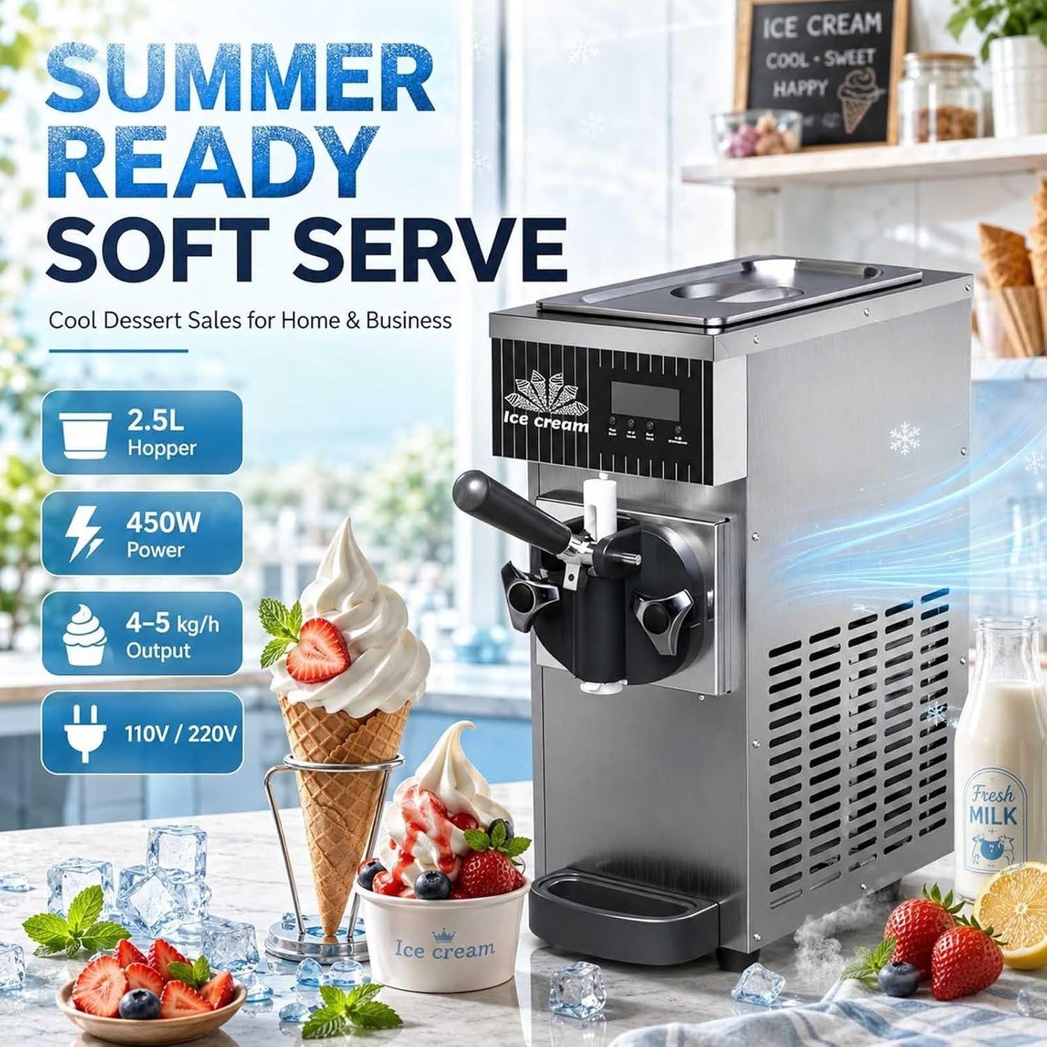 Lodówka do lodów soft serve 450W, maszyna do lodów 4-5 l/h z panelem LCD, samooczyszczanie, automat do lodów ze stali nierdzewnej, do restauracji, kawiarni, skl, Orange