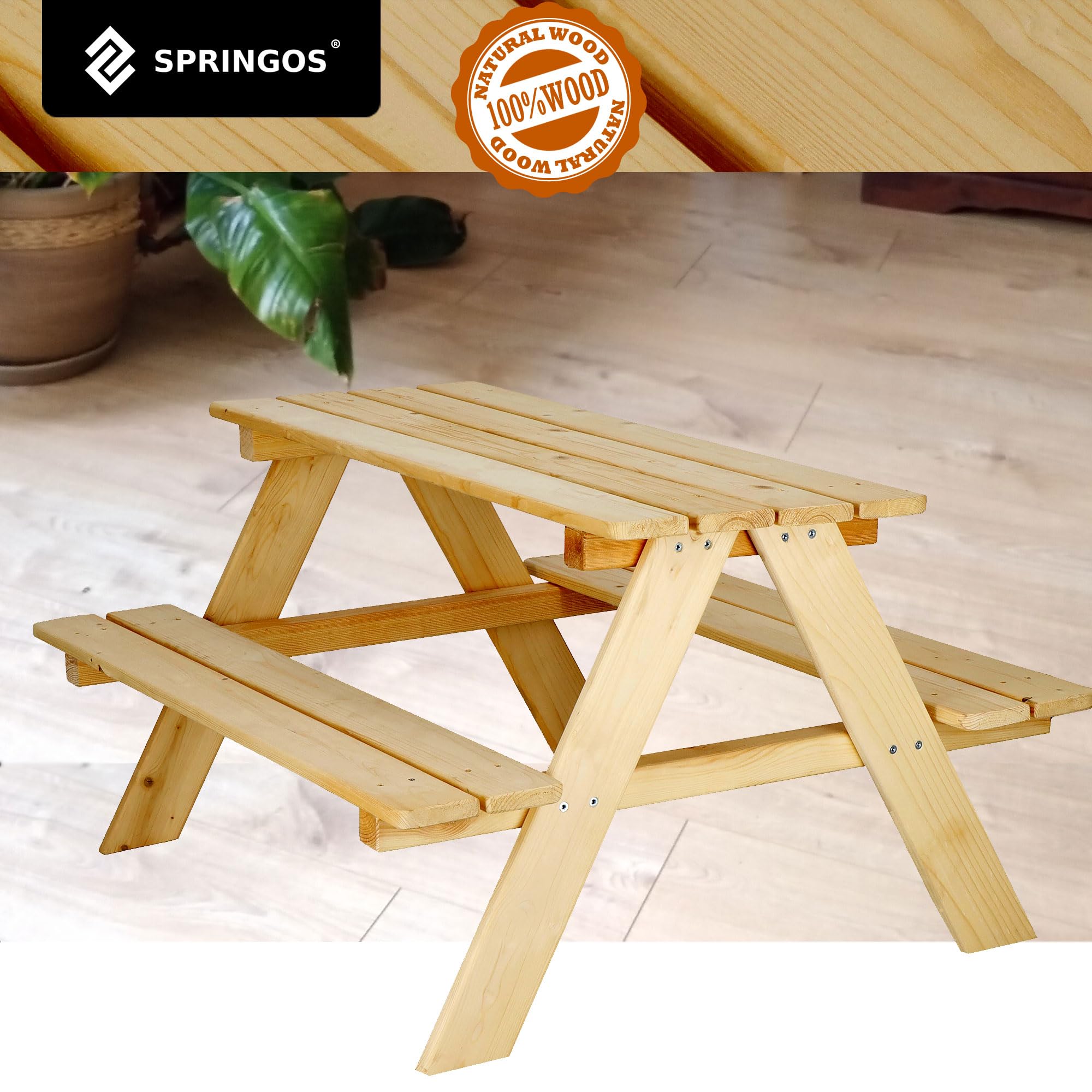 SPRINGOS Mesa de jardín 2 en 1 para niños, mesa de picnic 90 x 79 x 50 cm de madera maciza