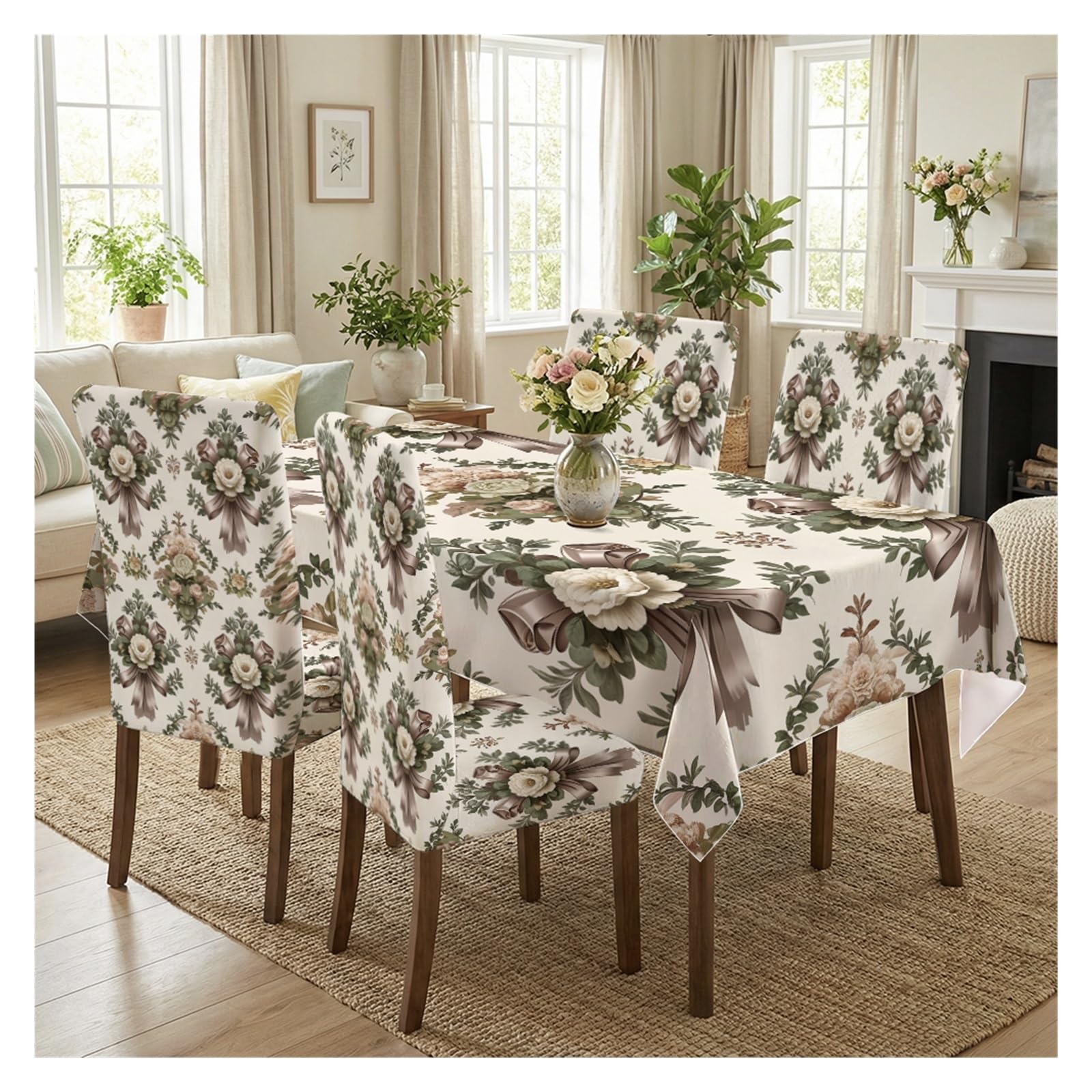 BOSUYBN Vintage Bow & Symmetric Rose Dining Tablecloth & Chair Covers Set, 5/7 Piece Classic Elegant Floral Home Decor Table Setting(5pcs Set: Tablecloth+Chair Covers)