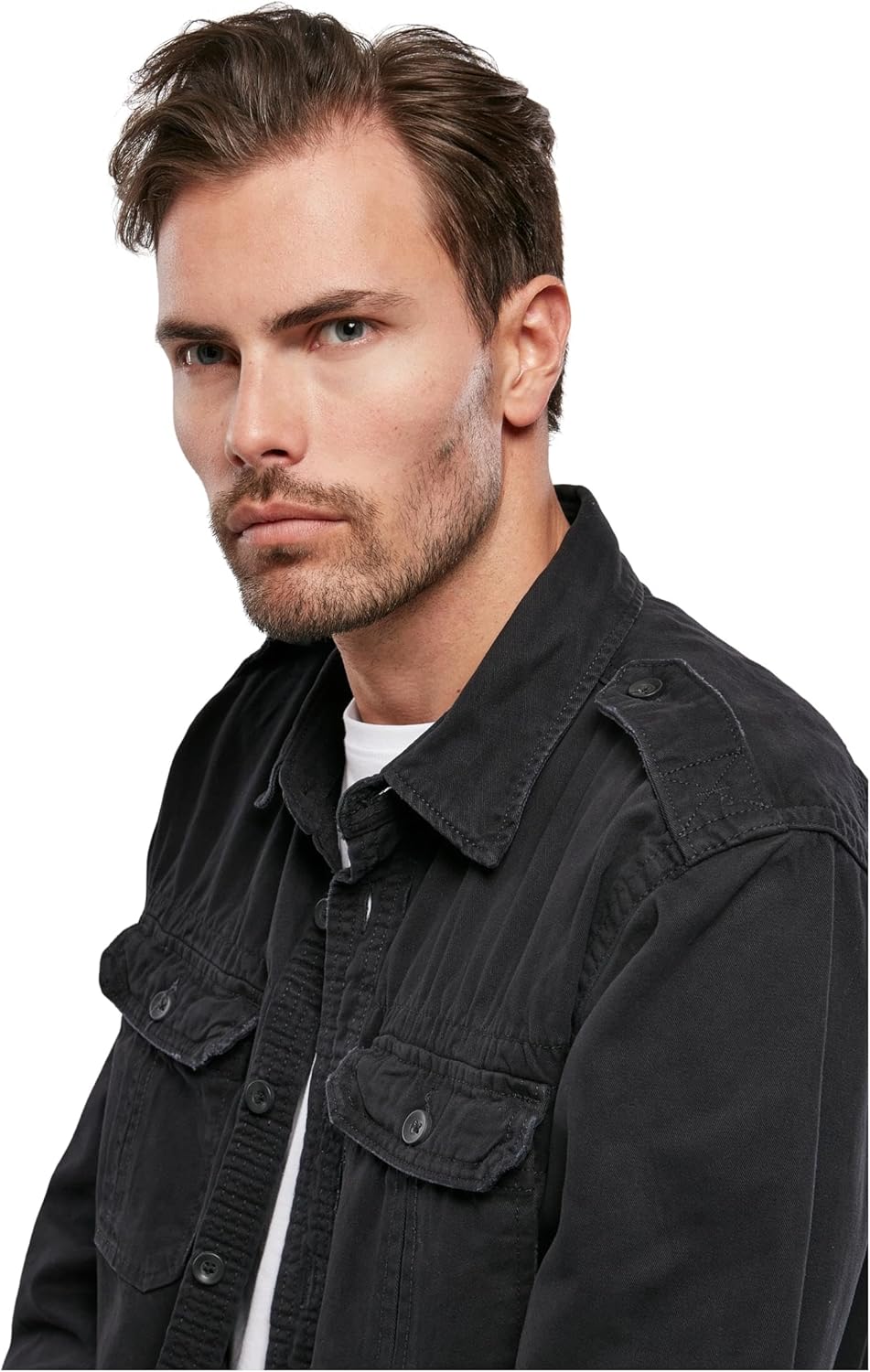 Brandit Individual Wear Men's Vintage Long Sleeve Shirt, with Button-Down Design, Front Pockets, Epaulettes, Raw Edges, Black - Large
