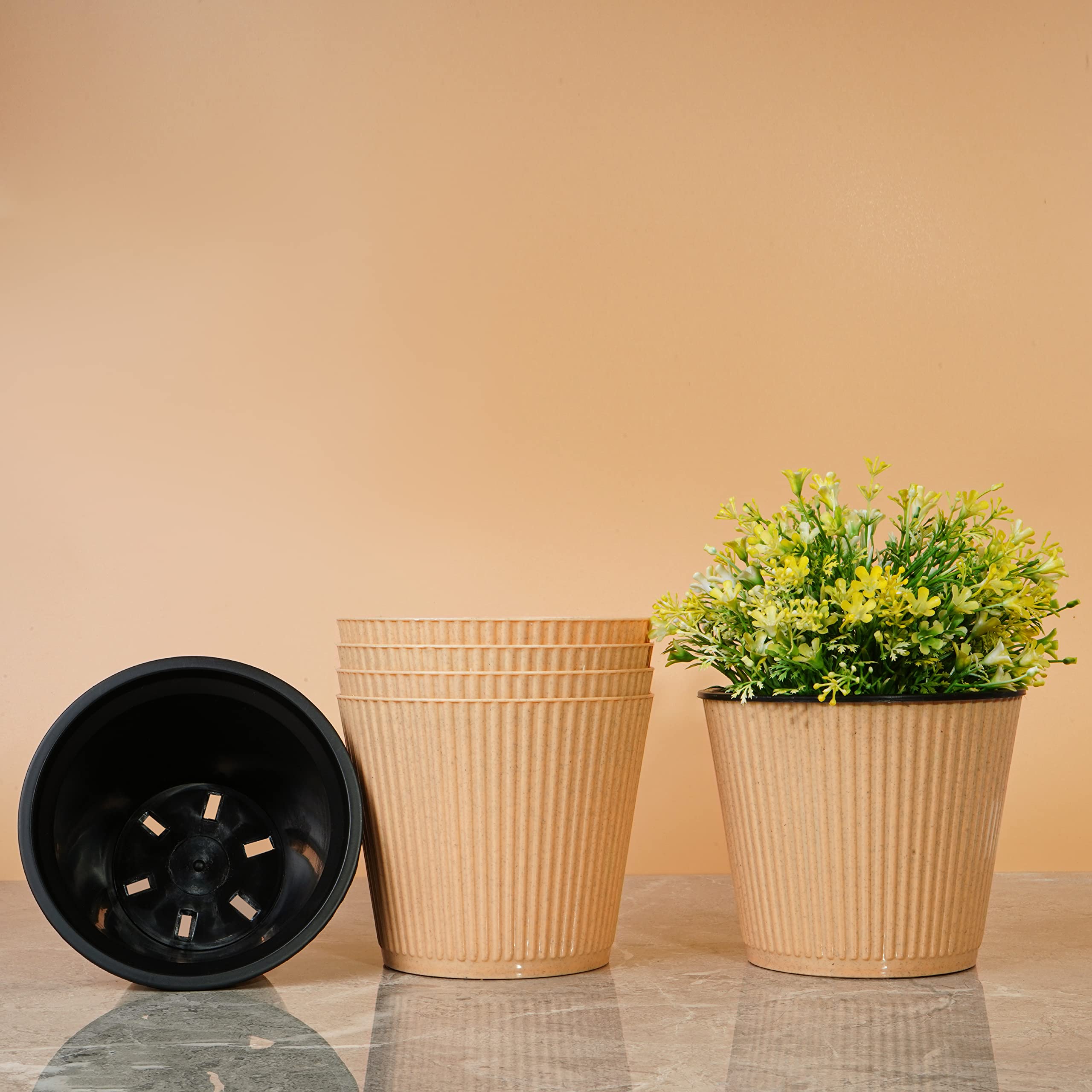 Livzing 6 inch Plastic Round Flower Pots Self Watering Pot with Drain Holes Gamla Gardening Plant Pot for Home Decor Planters for Indoor&Outdoor Plant Container Set Balcony (Pack of 5, Sandal Dot)