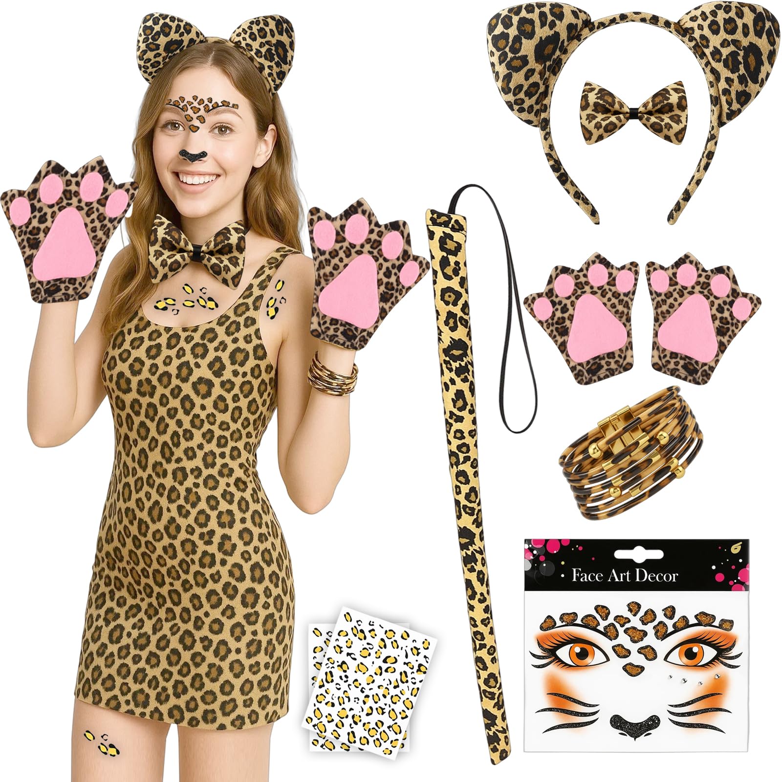 ZcrPrn Leopard Print Accessories, Halloween Costumes, 8 PCS Leopard Costume Set with Headband, Tie, Tail, Gloves, Stickers for Halloween Parties Cosplay Carnival Jungle Themed Celebrations