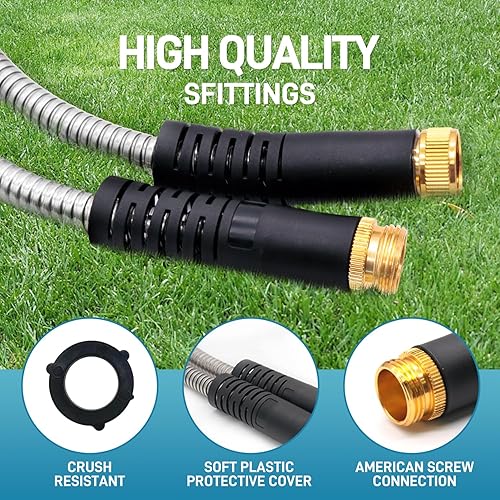 Miniatura 2 de Manguera de jardín de acero inoxidable de 100 pies con boquilla de pulverización ajustable de 10 funciones, manguera de jardín de metal resistente