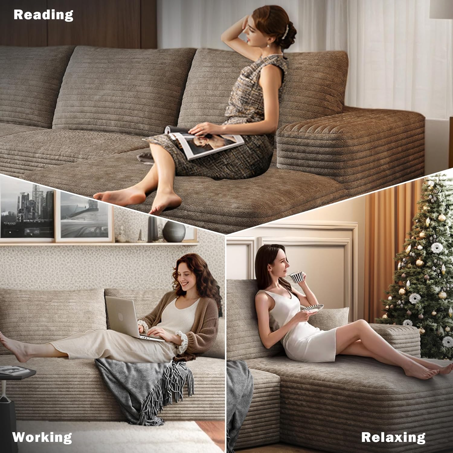 108" W Corduroy Sectional Boneless Cloud Couch with Chaise & Ottoman, No Assembly Required, U Shaped Modular Sectional Sofa, Cozy Fluffy Sofa for Living Room (Camel, Left Facing Chaise+Ottoman) | Luxurious