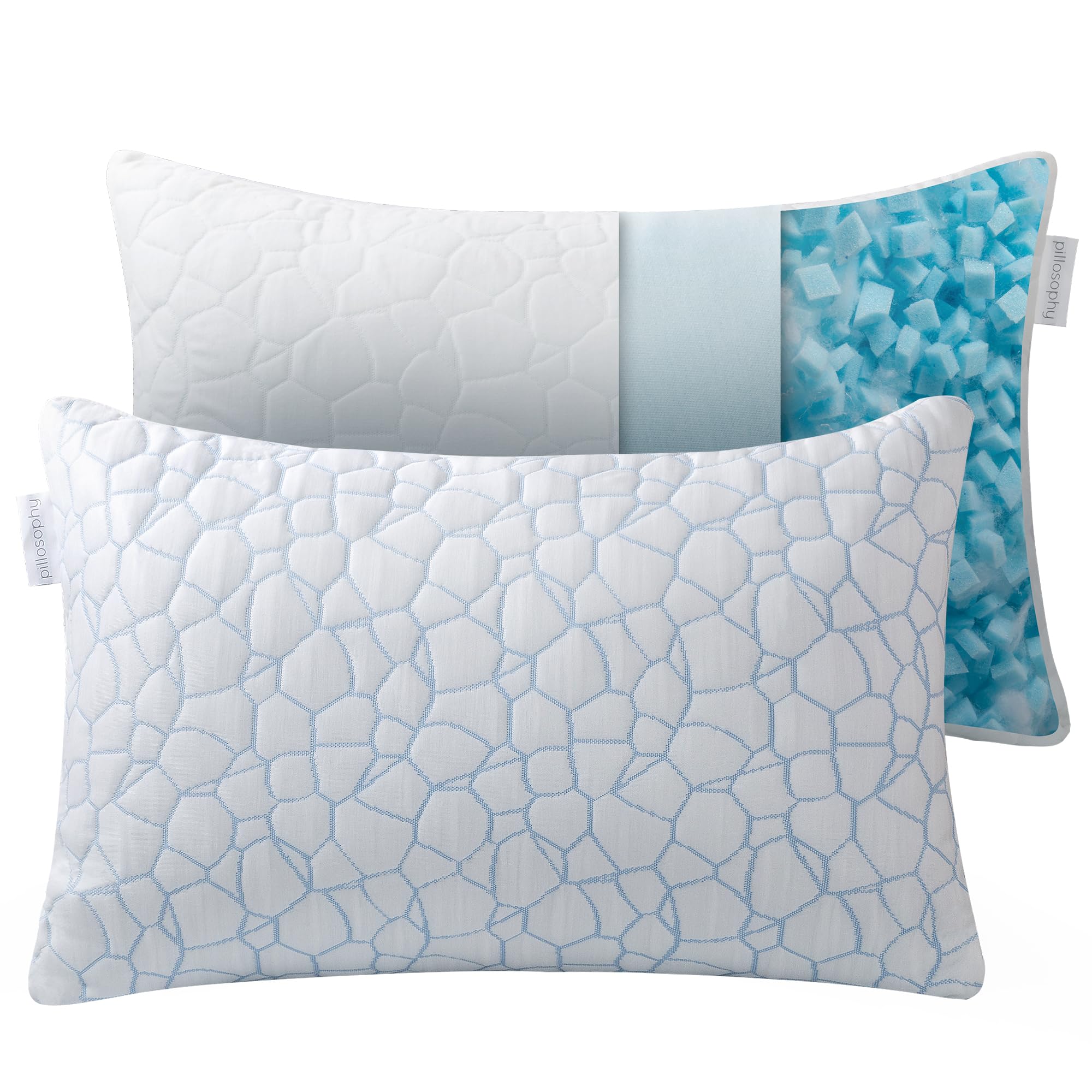 pillosophy Original Pillow • Shredded Memory Foam Fill • Washable Dual-Sided Cooling & Bamboo Rayon Cover • OEKO TEX & CertiPUR Certified • Queen Size • 2-Pack