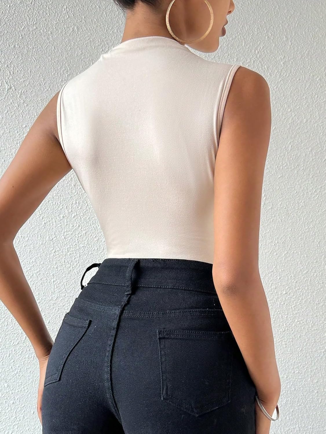 Milumia Women's Ruched Tank Top Sleeveless Mock Neck Bodysuit Fitted Jumpsuit Tops - Image 3