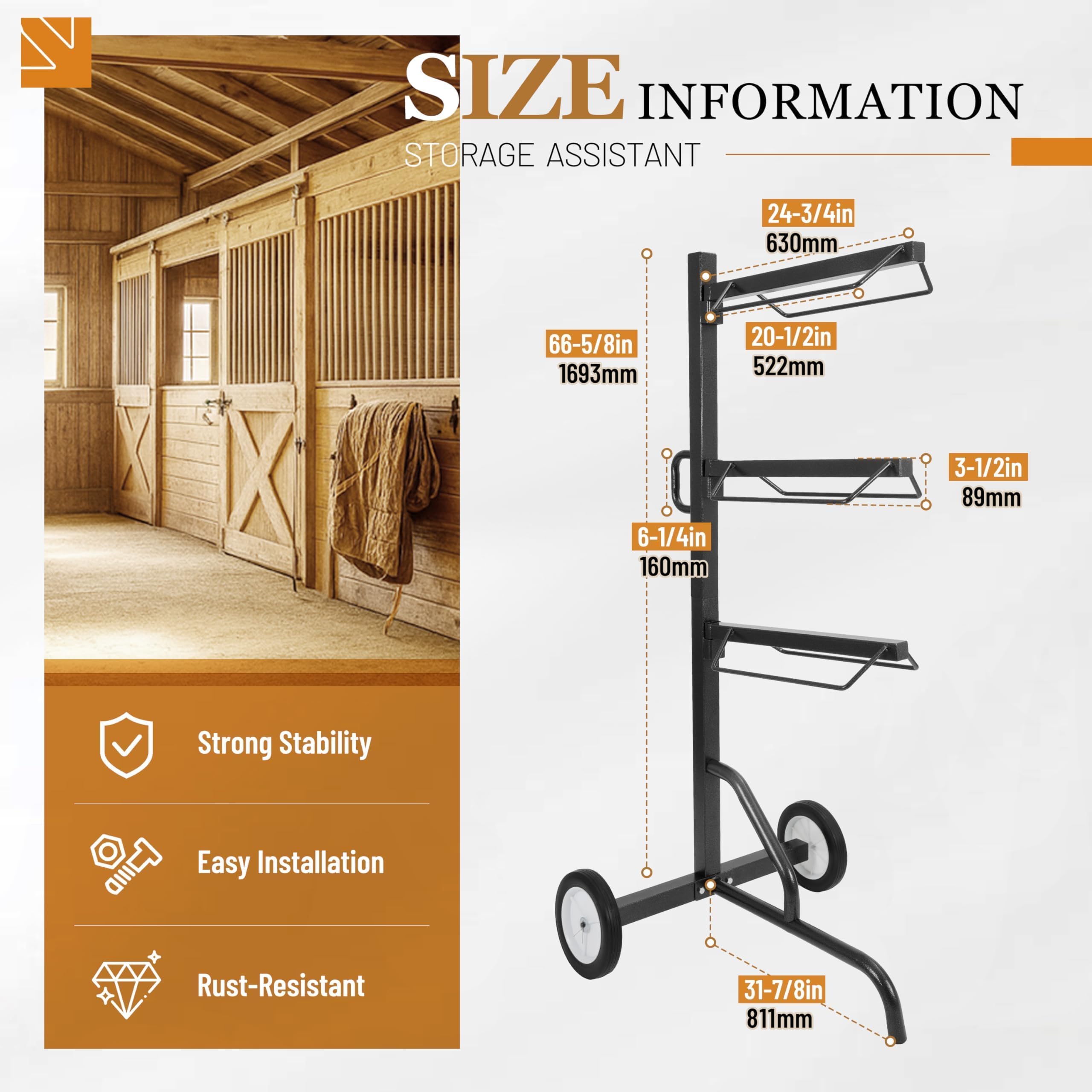 Supporto per sella a 3 livelli, carrello con ruota, supporto girevole resistente per sella in stile inglese e occidentale, portatile, per riporre le puntine del cavallo