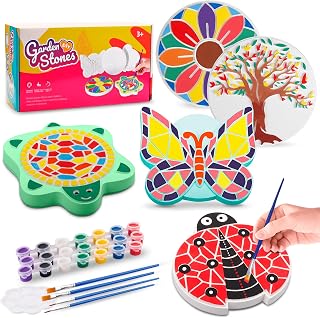 5 Paint Your Own Stepping Stones DIY Craft Kit, Multipack with Turtle, Ladybug, Butterfly, Tree & Flower Ceramic Stepping Stones, Fun Arts & Crafts Painting Activity for Kids Ages 3, 4, 5, 6+