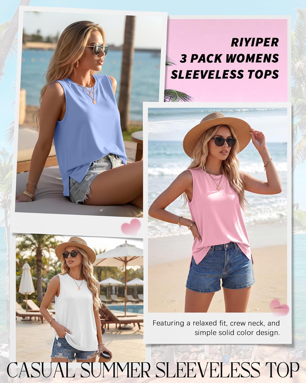 Riyiper 3 Pack Women's Sleeveless Tops Crew Neck Loose Fit Tank Tops Casual Summer Muscle Shirts Basic Solid Flowy Tees - Image 4