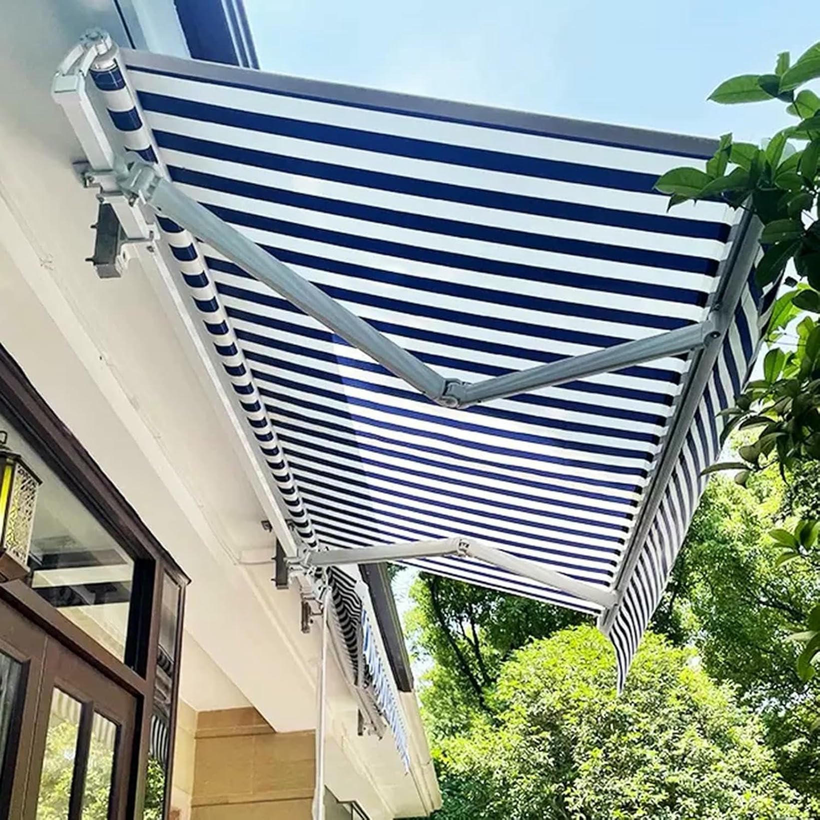 Auvent rétractable bleu et blanc en polyester 230g pour terrasse et pergola