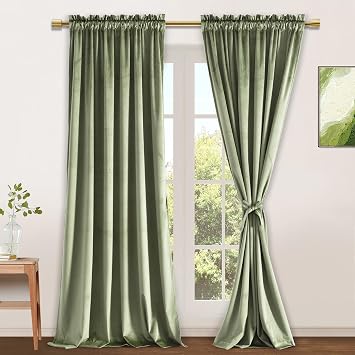 JIUZHEN Sage Green Velvet Blackout Curtains 52W x 108L 2 Panels