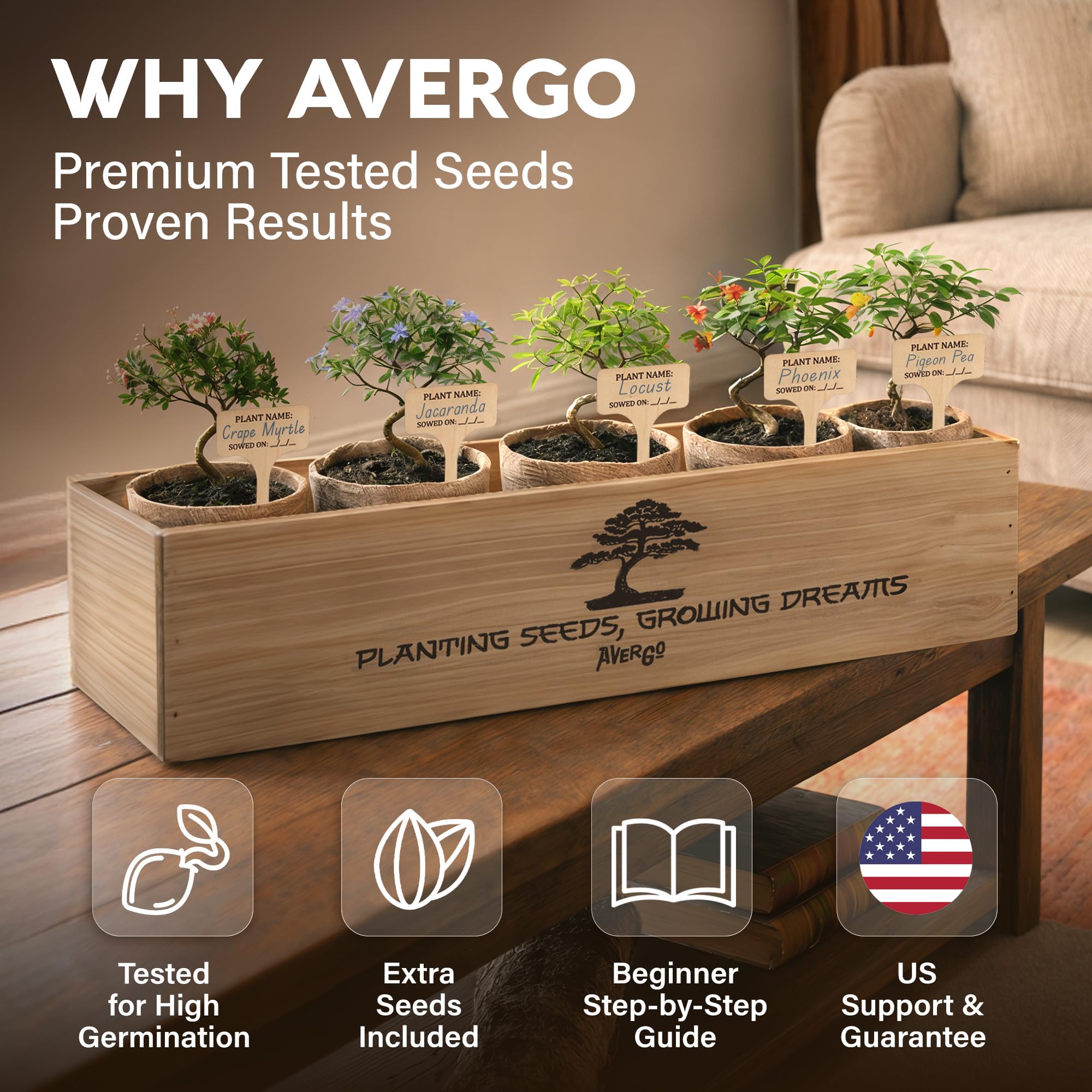Avergo - Kit de árbol bonsái – 5 árboles de bonzai japoneses únicos | Kit completo de inicio para el cultivo de plantas de bonsái con herramientas y macetas, regalos de jardinería para mujeres y