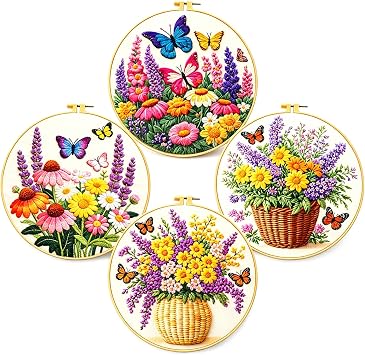 Zhenqing Butterfly Flower Embroidery Kit 4 Pack, Beginner Floral Craft Set with 20cm Hoop, Printed Patterns on 29x29cm Cotton Fabric, DIY Nature Design JC0083