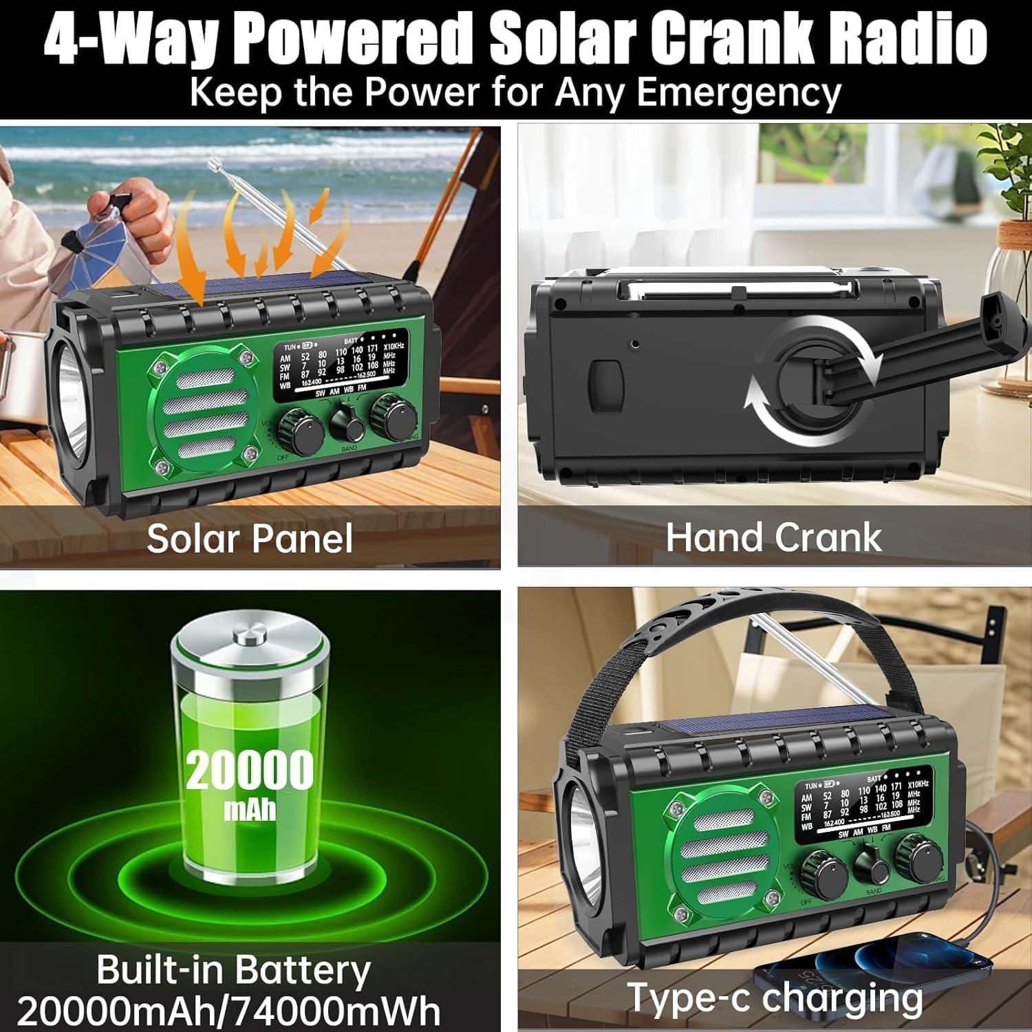 Radio Solar Portátil de 20000 mAh, Radio de Emergencia con Manivela, SW/Am/FM con Dinamo, Batería Externa Recargable, Linterna LED, Luz de Lectura LED, Alarma SOS