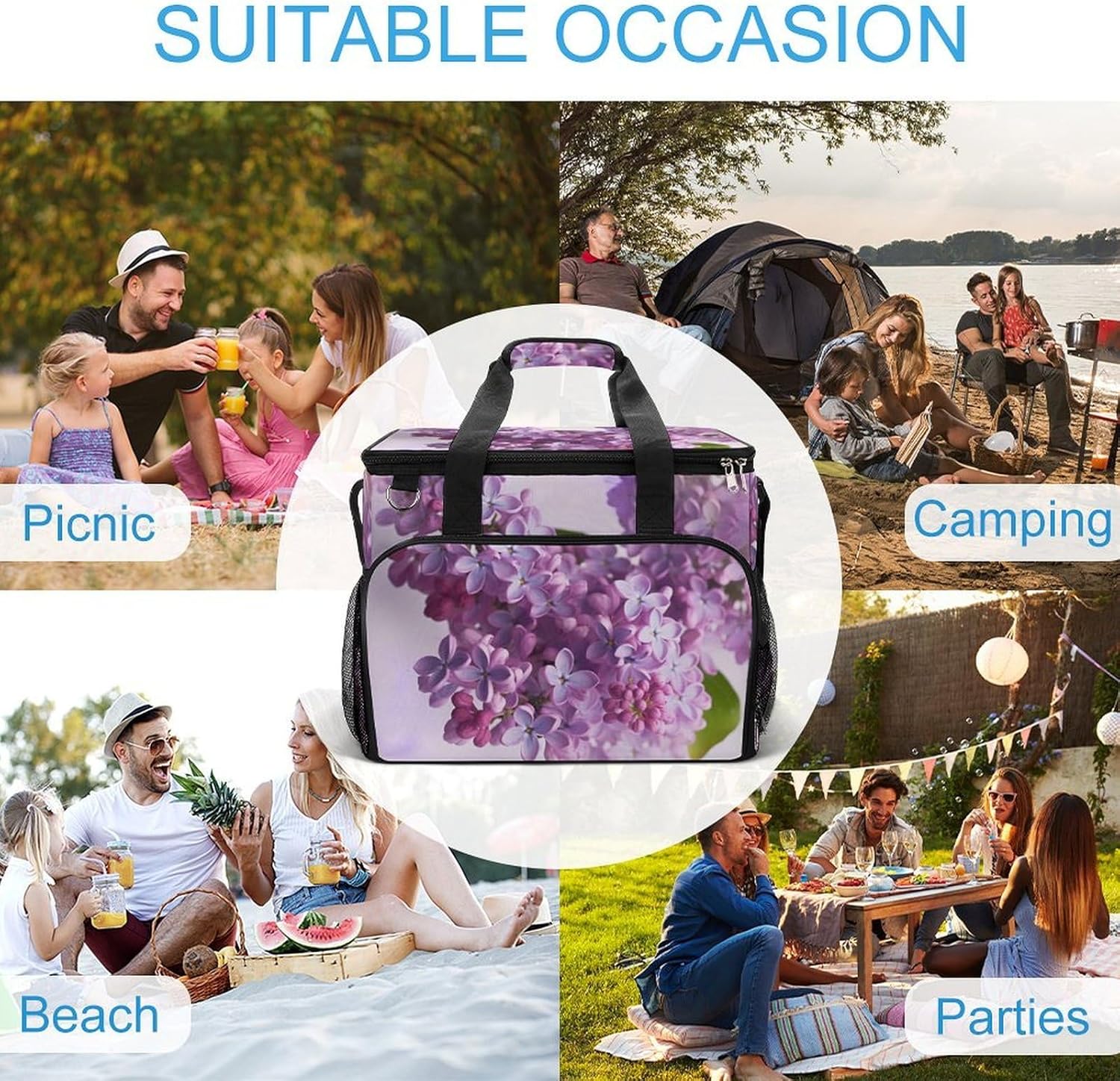 Insulated Picnic Backpack Tote Bag, Large Capacity 30L Lilac Flowers Cooler Bag Leakproof Beach Bags Portable Lunch Box Waterproof Picnic Basket for Beach Camping BBQ