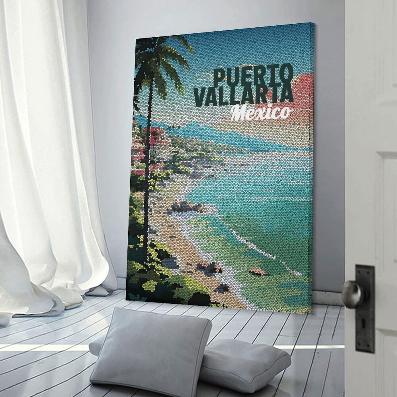 Junmoney Puerto Vallarta Mexico Mosaic Art Wall Decor Canvas Print, 20x30inch(50x75cm), for Home Lounge, Bedroom Or Reading Nook, Decorative Artwork for Empty Walls