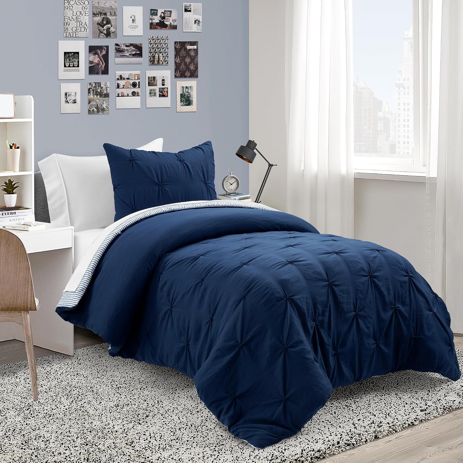 Lush Decor Ravello Pintuck Comforter Bed In A Bag Set - 5 Piece Reversible Comforter, Shams, & Sheet Set - Textured Bedding Set For Teen or Dorm Room - Traditional & Farmhouse Style - Twin XL, Gray