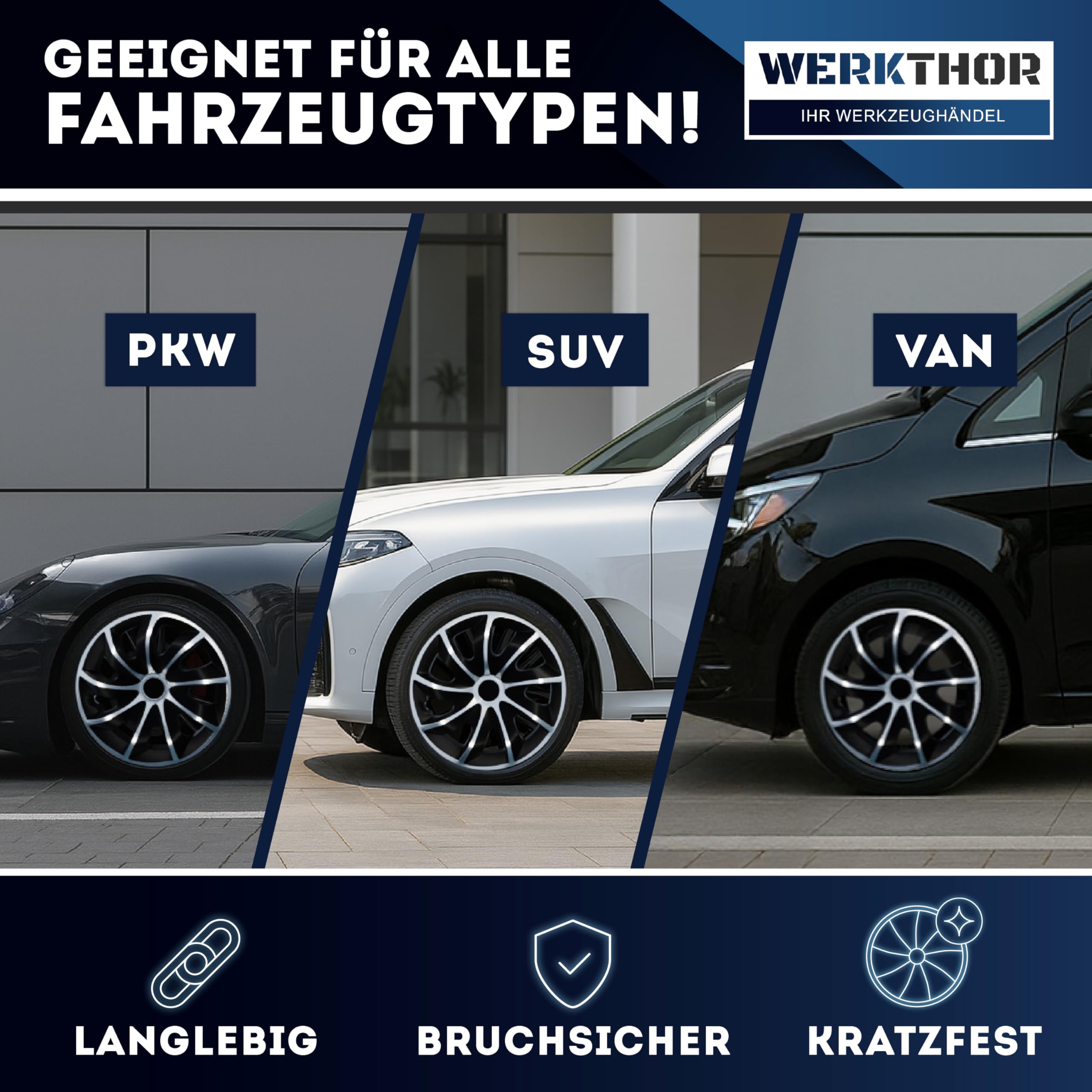 WERKTHOR Copricerchi 16 Pollici – Set 4 Copricerchi da 13 a 16 Pollici Nero/Argento – Copri Cerchi 15 Pollici per Auto – Borchie Robuste per Cerchi in Acciaio