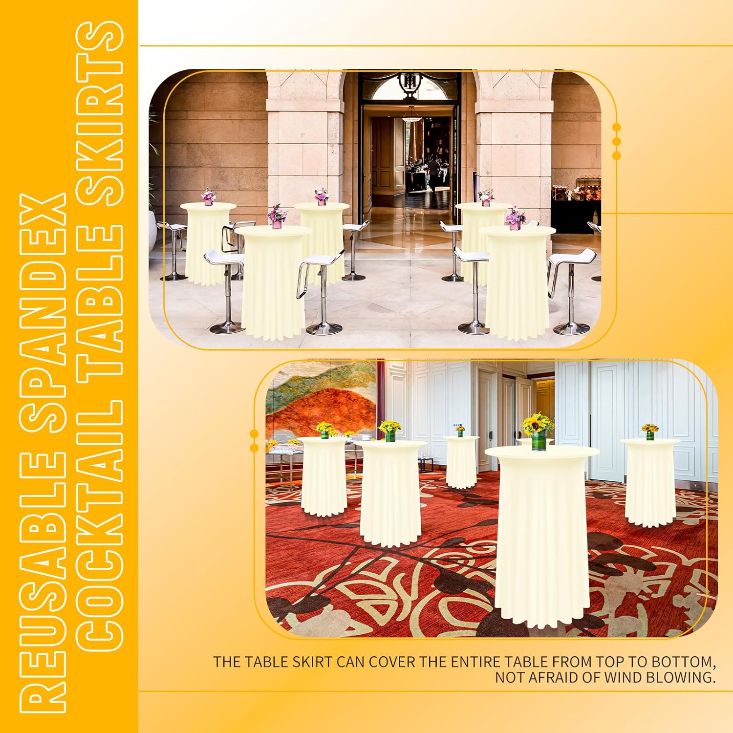 Pesonlook 6 Packs Round Cocktail Table Skirt 32"x 43", Beige Cocktail Table Cloth with Skirt, Spandex Stretch Table Cover Fitted High Top Table for Party Banquet