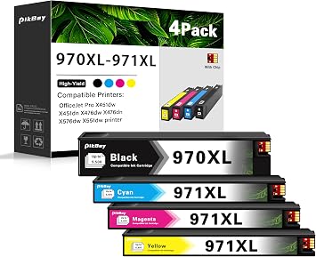 خراطيش حبر 970XL 971XL بديلة لخراطيش حبر HP 970 971 لطابعات OfficeJet Pro X451dw X451dn X476dw X476dn X576dw X551dw عبوة من 4 قطع 1أسود، 1سماوي، 1أرجواني، 1أصفر