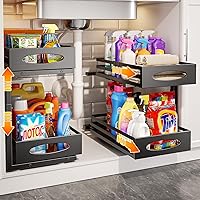 MIXESHOP 2-Tier Pull Out Under Sink Organizer, Adjustable Height Slide-Out Cabinet Storage for Kitchen Bathroom, Black 2-Pack