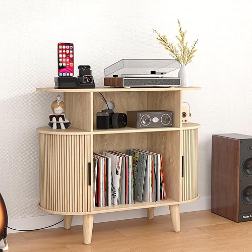 Miniatura 1 de Soporte redondo para tocadiscos, mesa de tocadiscos de mediados de siglo, estante para tocadiscos de vinilo con toma de corriente, aparador de