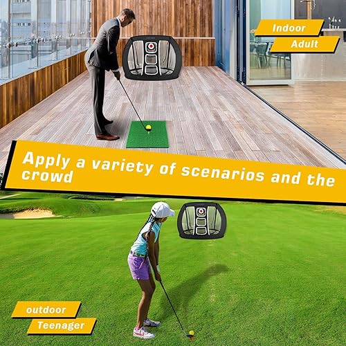 Miniatura 5 de Red de astillado de golf desplegable con 15 pelotas de práctica, 2 alfombrillas de golpeo y bolsa de transporte para patio trasero, color negro