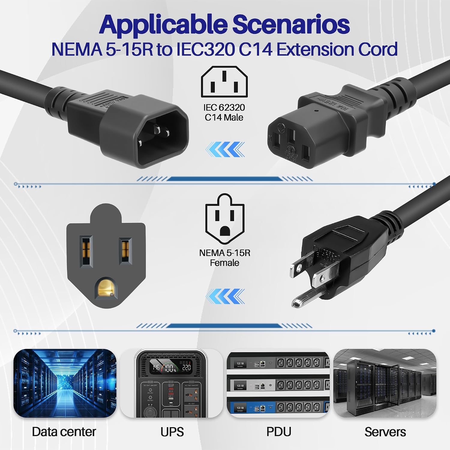 IEC 320 C14 to NEMA 5-15R Short Power Cable 12Inch/1Feet, 18AWG 10A 125V Heavy Duty IEC C14 Male to Nema 5-15R Female Standard Computer Power Converter Extension Cord for PDU, UPS, PC, Monitor-2Pack