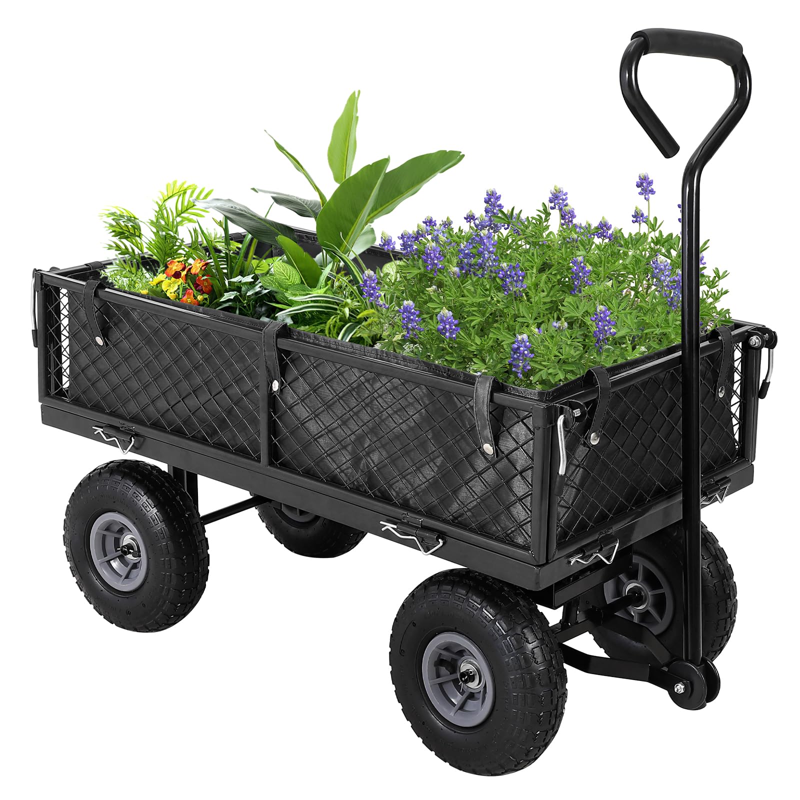 Chariot de jardin robuste - Charge maximale : 500 kg - Chariot utilitaire pliable avec côtés en maille amovibles et insert - Roues pneumatiques de 10" - Poignée de traction - Jardin, cour, agriculture