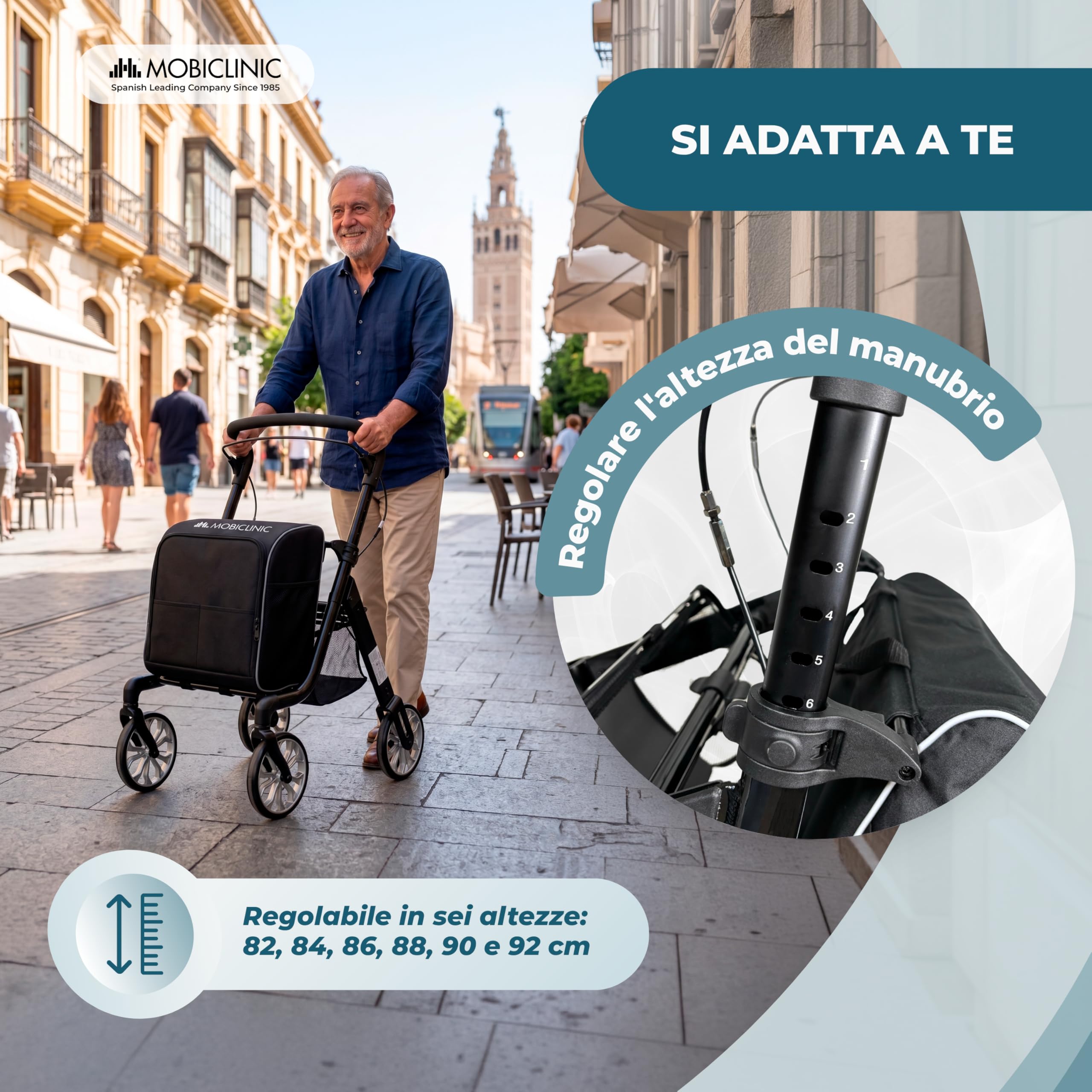 Mobiclinic®, Deambulatore Pieghevole + Carrello della Spesa, 2 in 1, Freno di Stazionamento, Regolabile in 6 Altezze, Maniglia Singola, Cestino e Borsa XXL Rimovibili, Ruote 360º, Alluminio, Formen
