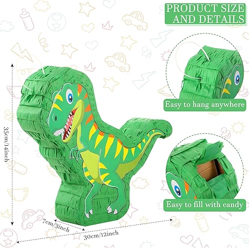 Vista 2 de T-Rex - Piñata de dinosaurio con cuerda de tiro, 14 x 12 x 3 pulgadas, relleno de piñata de dinosaurio para niños y niñas, suministros temáticos