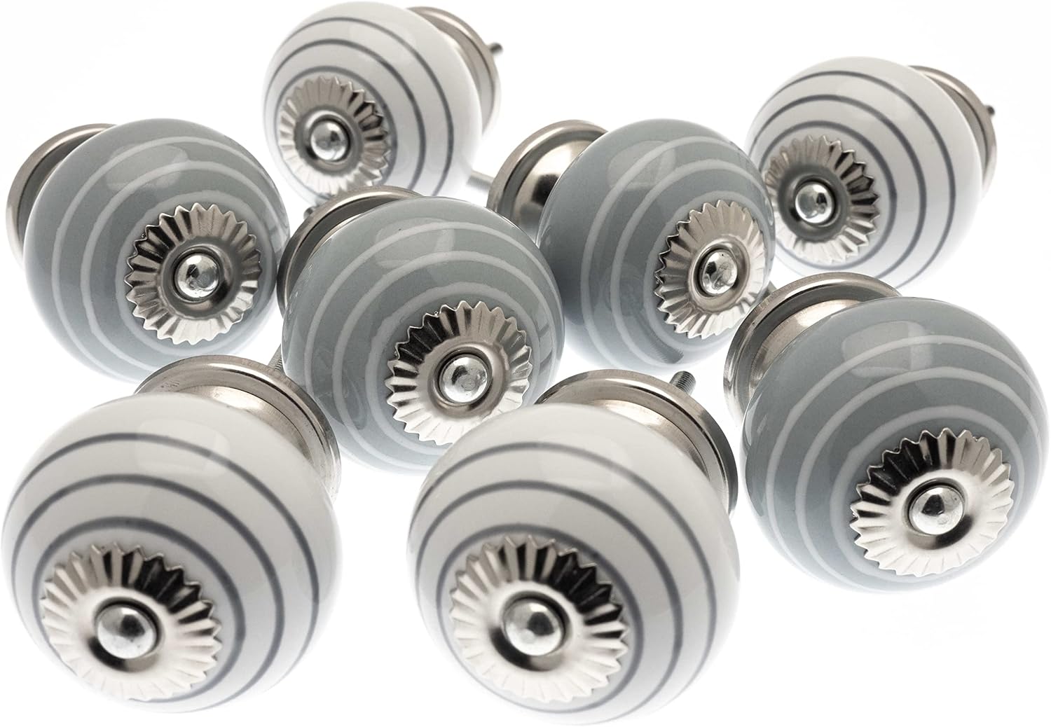 Mango Tree Cupboard Knobs - Decorative Grey and White with Stripes Ceramic Door and Drawer Handles - Vintage Home Décor Set of 8