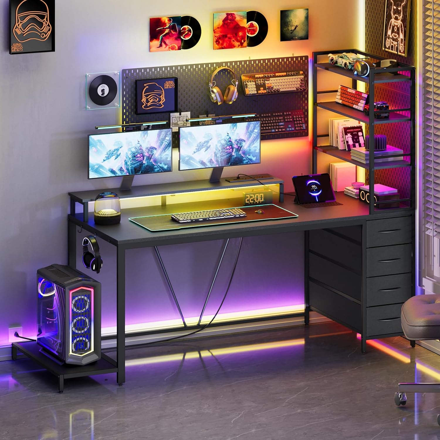 Computer Desk with Shelves and Drawers, 43.3 Inch Gaming Desk with Charging Station and LED Lights, Desk Workstation with Monitor Stand and Storage for Home Office, Black