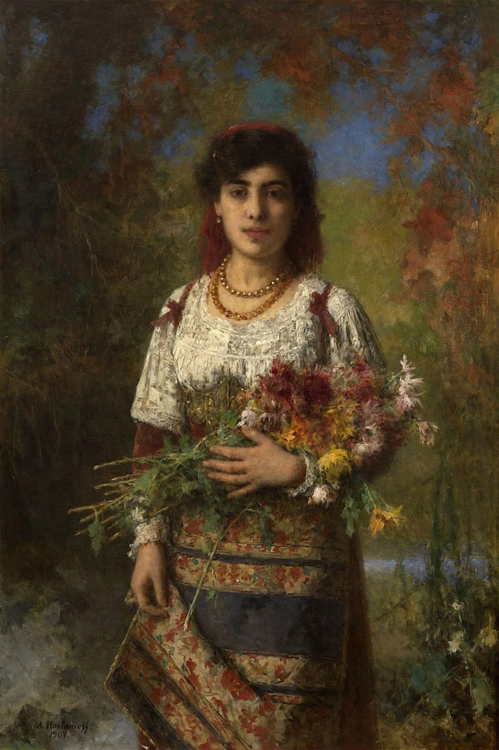 POSTERIIk Famous Modern Artwork Art Mural a Young Woman with Flowers by Alexei Harlamov Oil Paintings Pictures for Home Decor 60x90cm
