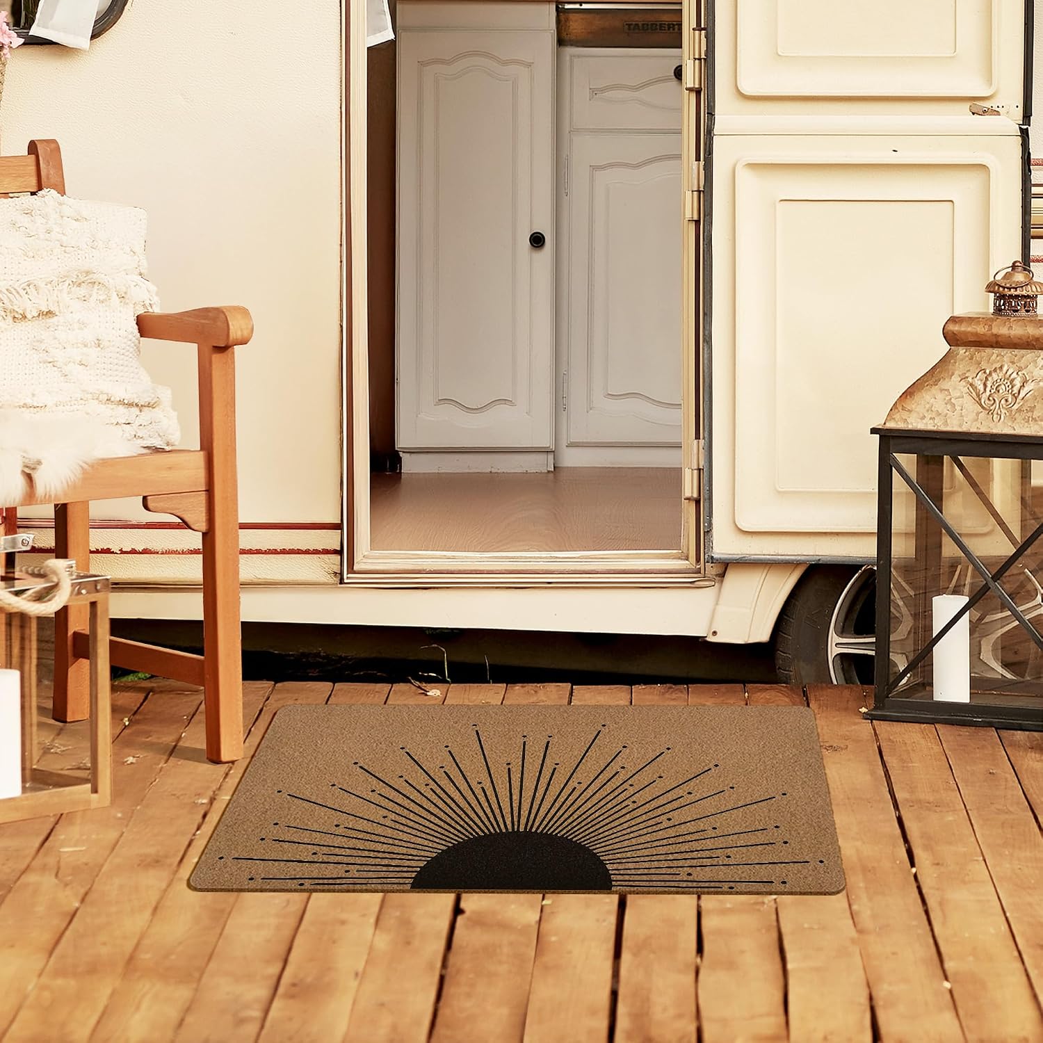 Boho Black Sun Door Mat, Sunrise Sunset Welcome Front Door Mat Indoor Outdoor Entrance for Camper, Rustic Artificial Coir Doormat Rugs for Porch Entry Patio Kitchen Decor 30x17in