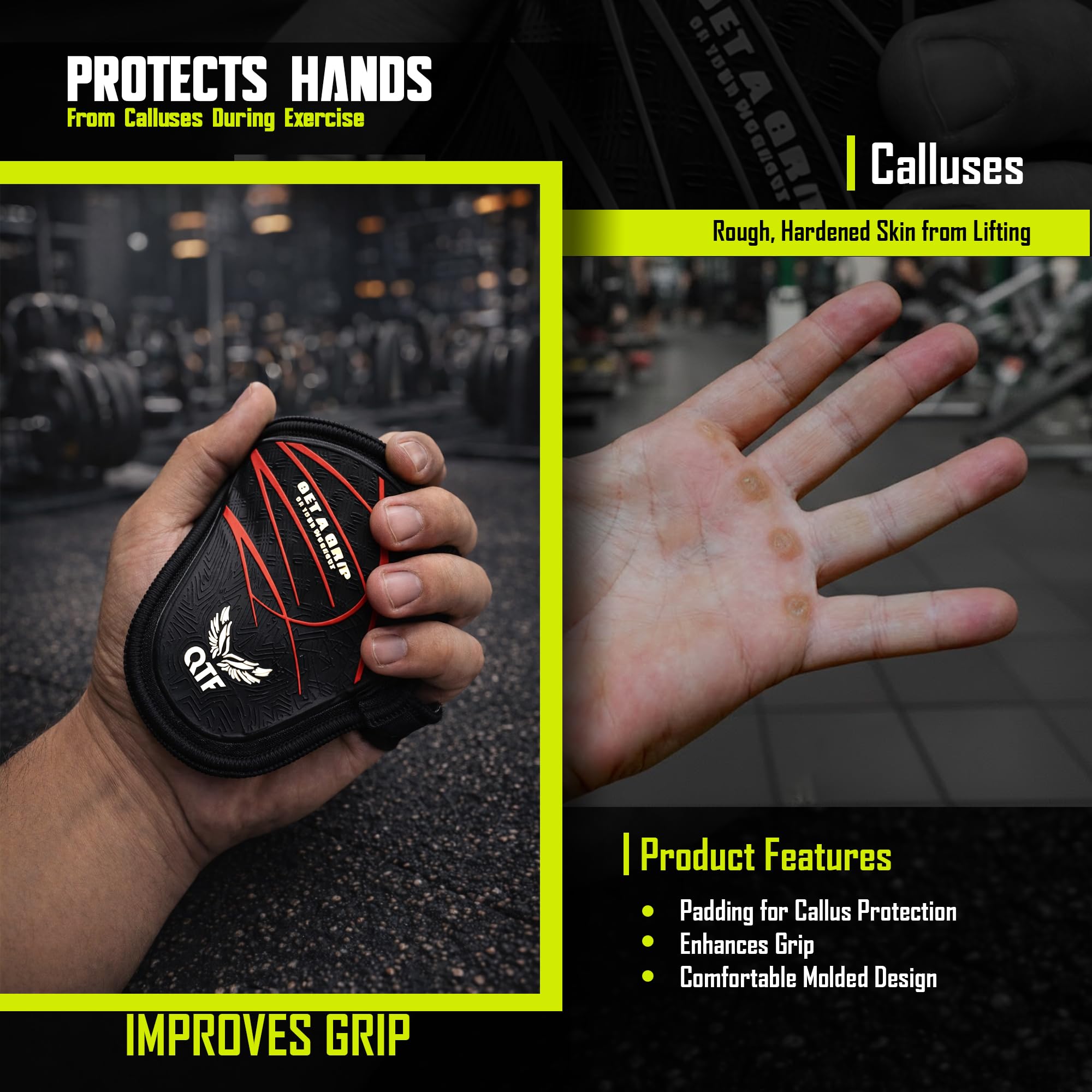 QTF Empuñaduras de levantamiento para levantamiento de pesas, guantes de goma para gimnasio, protectores de palma de mano, almohadillas de repuesto de guantes de entrenamiento para hombres y mujeres