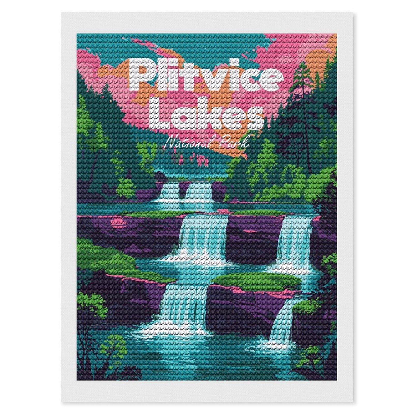 Junmoney Plitvice Lakes National Park Illustration Diamond Painting Canvas Set 12"x16", Full Kit Included, Calming Craft to Unwind, Farmhouse Decor, Christmas Gift
