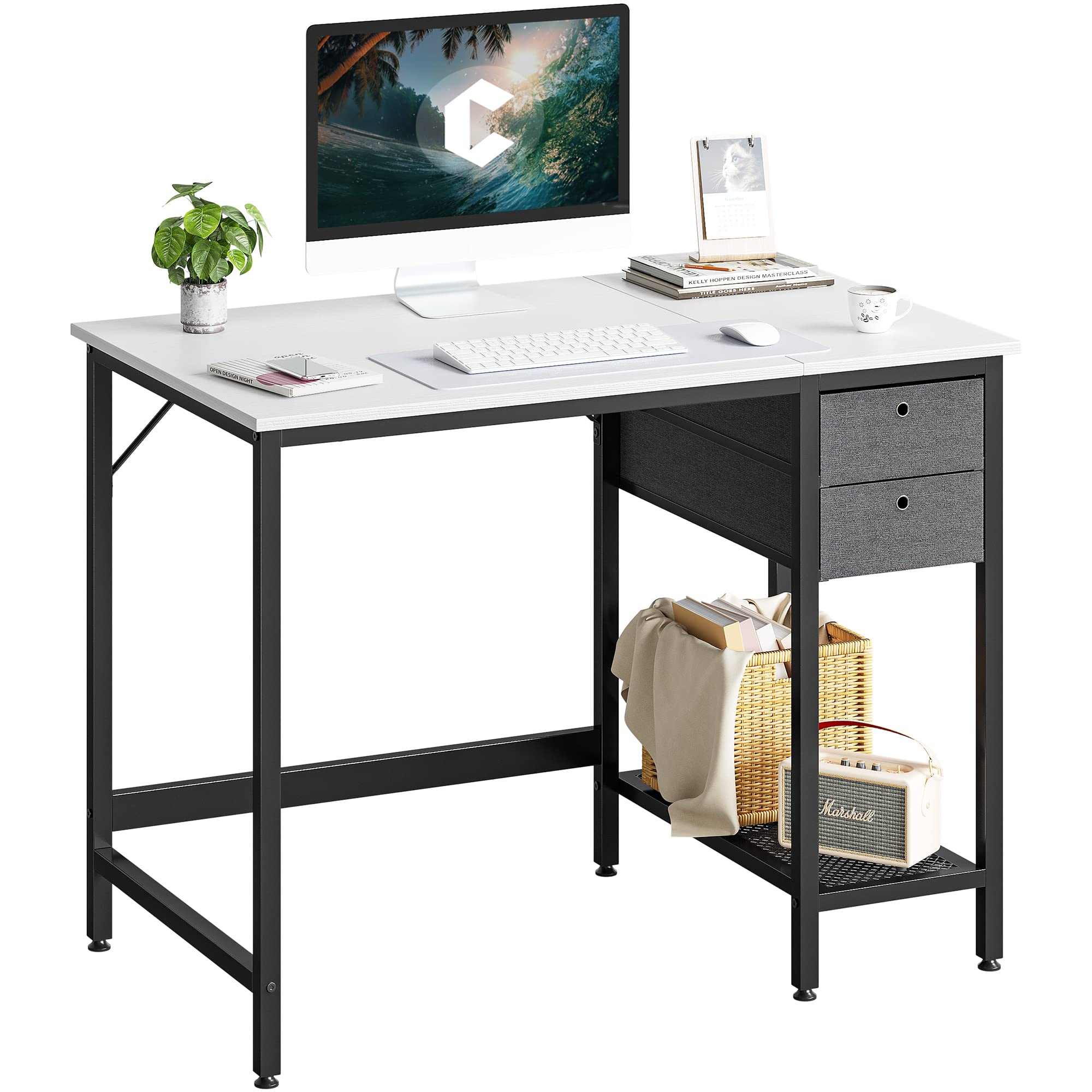 Photo 1 of Cubiker Computer Home Office Desk with Drawers, 40 Inch Small Desk Study Writing Table, Modern Simple PC Desk, White