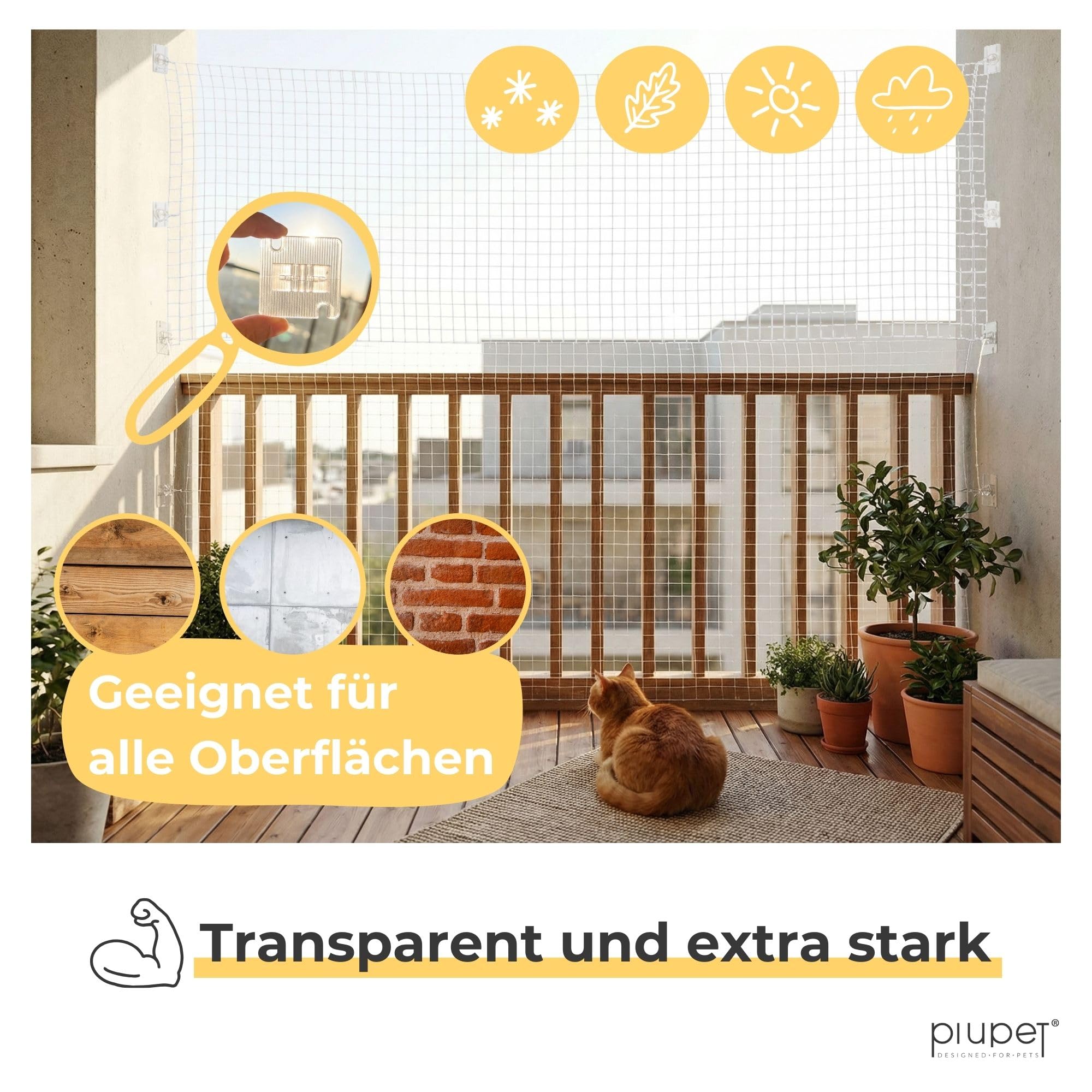 PiuPet® Klebehaken für Katzennetz ohne Bohren I Katzennetz Befestigung Balkon & Fenster ohne Bohren I transparente Haken mit Montagekleber I wetterfest (140 Haken + 2 x 80 ml Kleber)