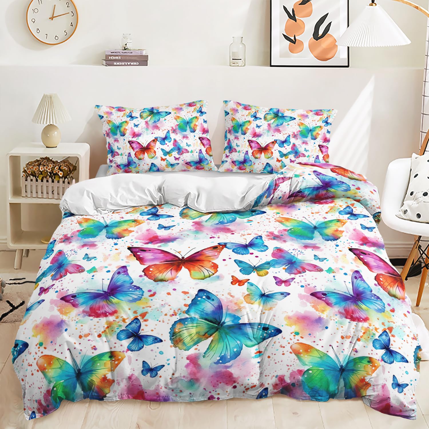 Lunoroey Colorful Butterfly Bedding Set Duvet Cover Set Single Size Butterfly Insect Print Comforter Cover Set Soft Easy Care Quilt Cover Set