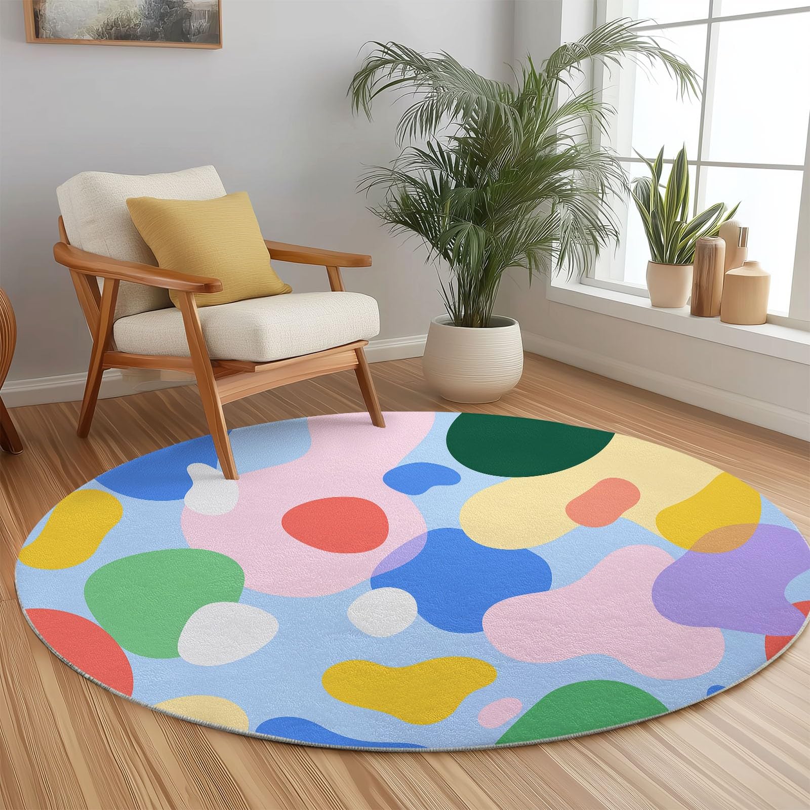 Waschbare Runde Teppiche 100 cm, Farbenfroh Unregelmäßig Geometrisch Rutschfester Runder Teppich für Wohnzimmer - Dynamisches Design Weicher Niedrigfloriger Teppich für Unter den Esstisch Kinderzimmer