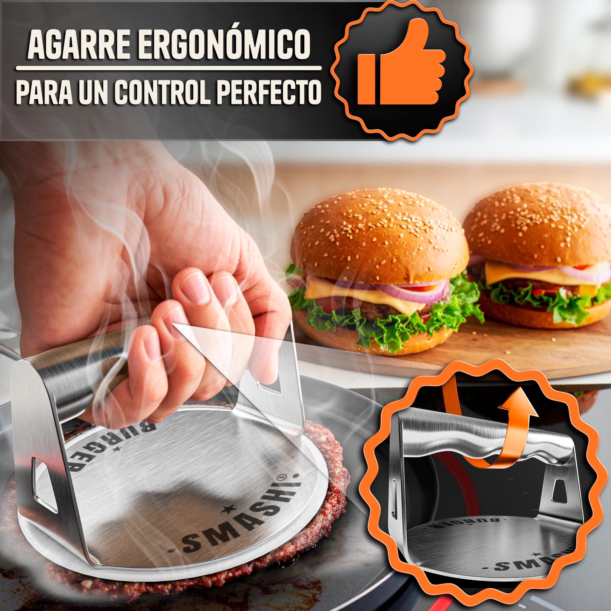 SOAHOWU Steakpers, hamburgerpers, hamburgerpers van roestvrij staal, 14 cm, voor het grillen, hamburgers pasteitjes, grill, platte bovenkant, rond
