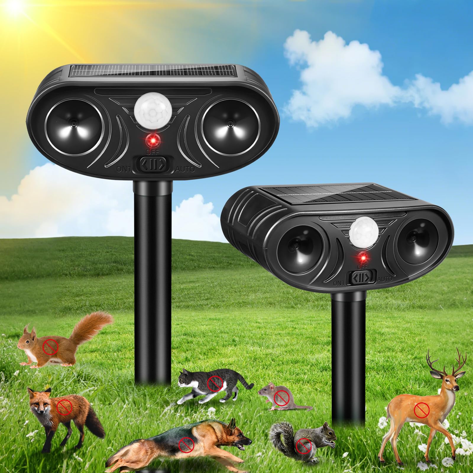 Photo 1 of 2026 Solar Ultrasonic Animal Repellent Sonic Deer Repellent Devices Waterproof Cat Deterrent Outdoor with Motion Sensor Squirrel Skunk Rabbit Dog Raccoon Deterrent for Yard Lawn Garden, 2 Pack, Black