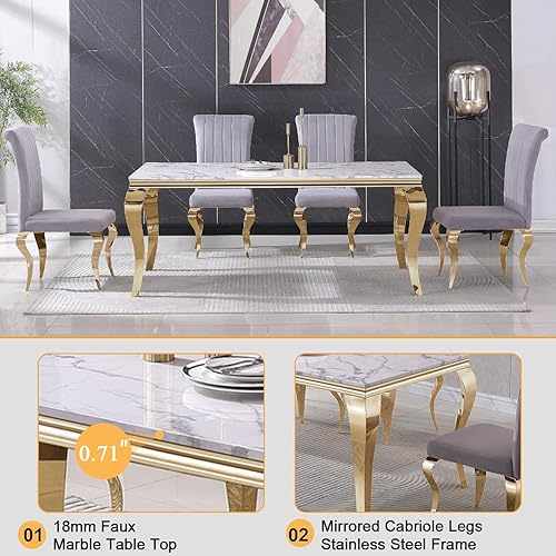 Miniatura 4 de Juego de mesa de comedor de 7 piezas para 6, mesa de cocina de mármol sintético blanco de 70 pulgadas con 6 sillas de cuero sintético de respaldo