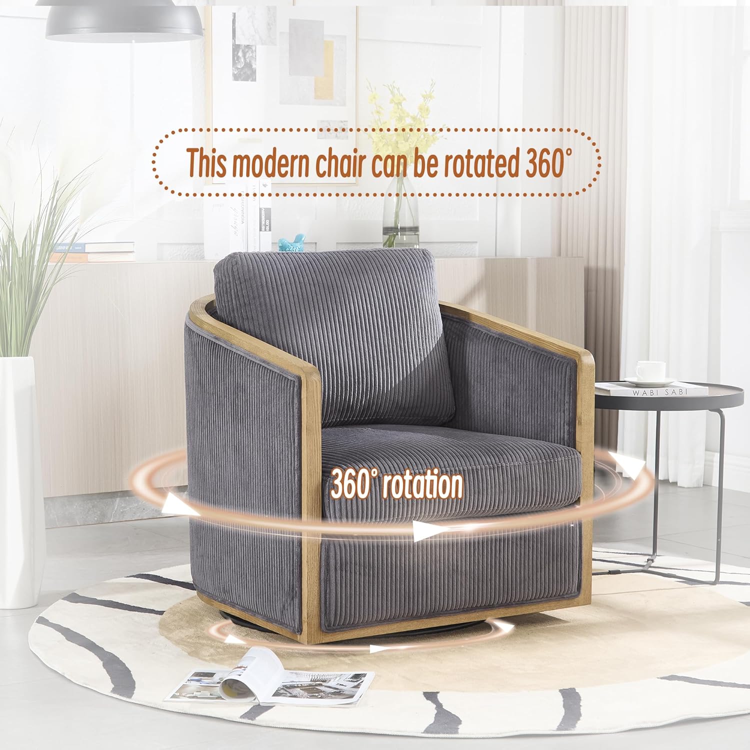 Swivel Barrel Chair, Corduroy Upholstered Lounge Chair for Living Room, Accent Chair for Bedroom Reading Nook, Comfortable Club Chair with Ottoman for Adults & Teens